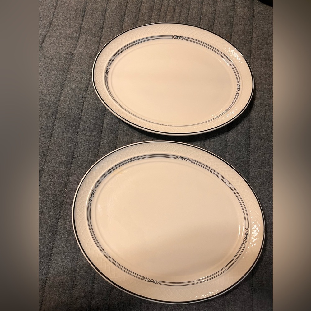 2 gorgeous heavy Homer Laughlin Gothic China platters. White with black edging.